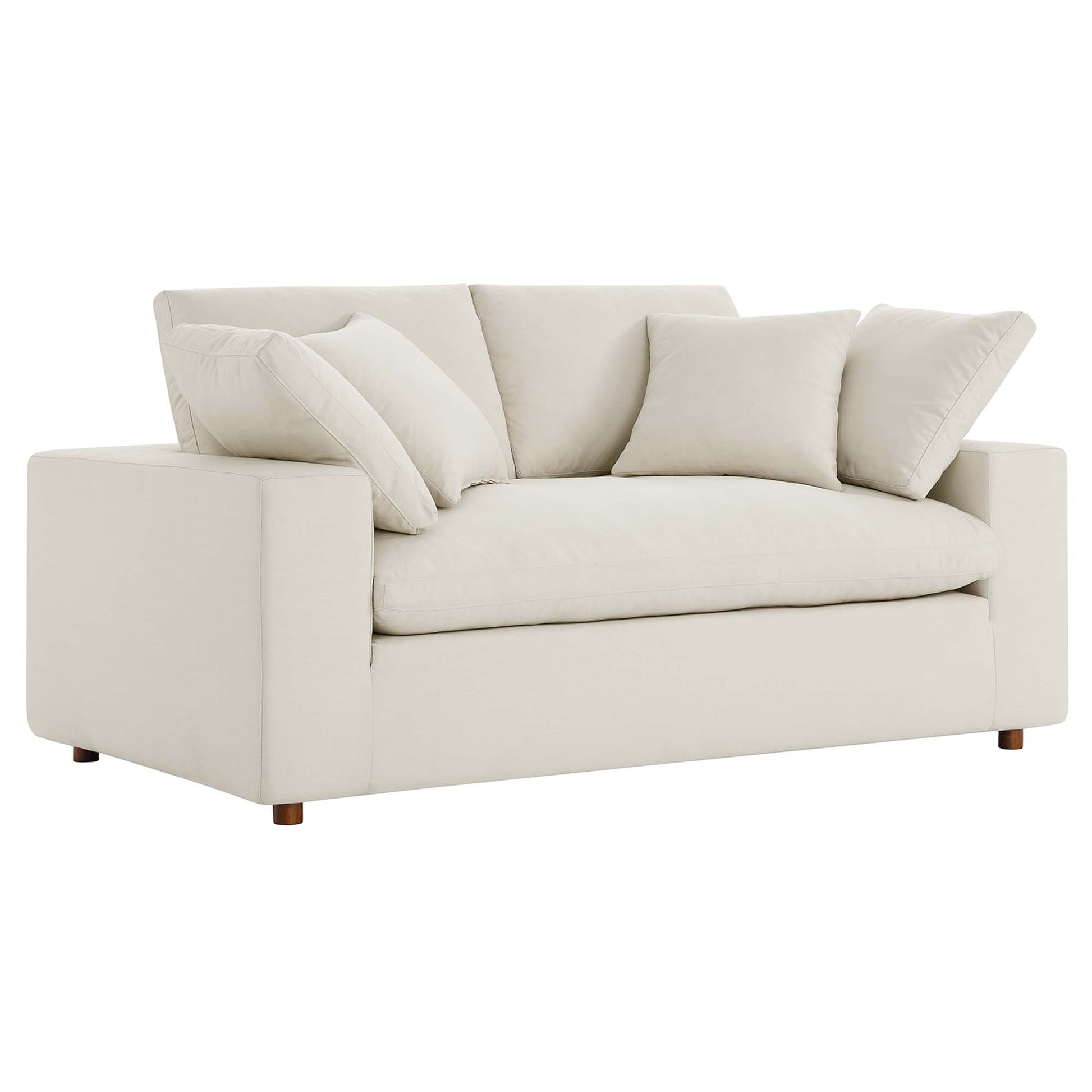 Beige linen loveseat with square arms, plush back cushions, matching throw pillows, and wooden feet.