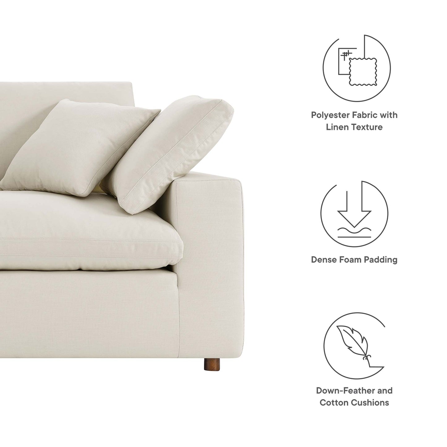 Beige loveseat with plush cushions; linen-textured polyester fabric, dense foam padding, down-feather and cotton cushions.