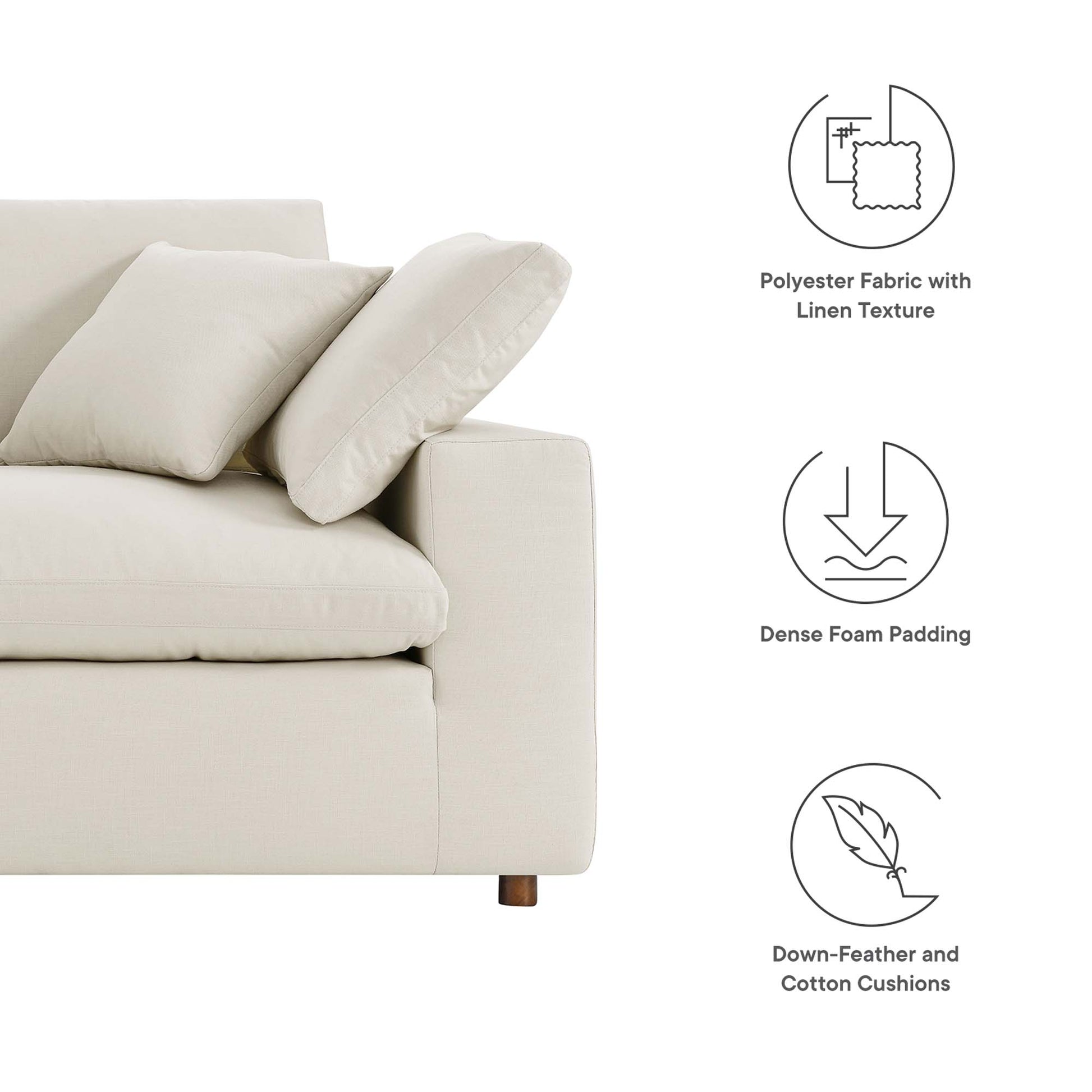 Beige loveseat with plush cushions; linen-textured polyester fabric, dense foam padding, down-feather and cotton cushions.