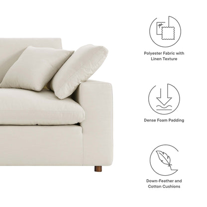 Beige loveseat with plush cushions; linen-textured polyester fabric, dense foam padding, down-feather and cotton cushions.