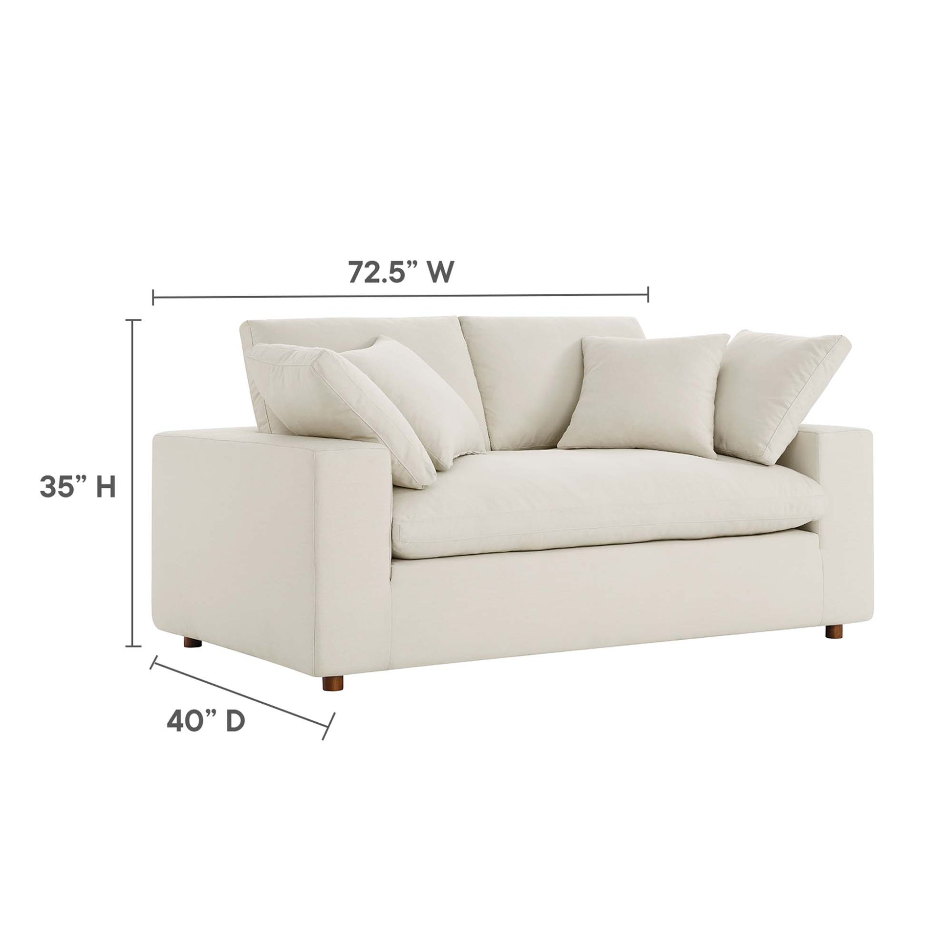 Beige fabric loveseat with boxy arms and multiple cushions, wooden legs, modern style; 72.5W x 35H x 40D.