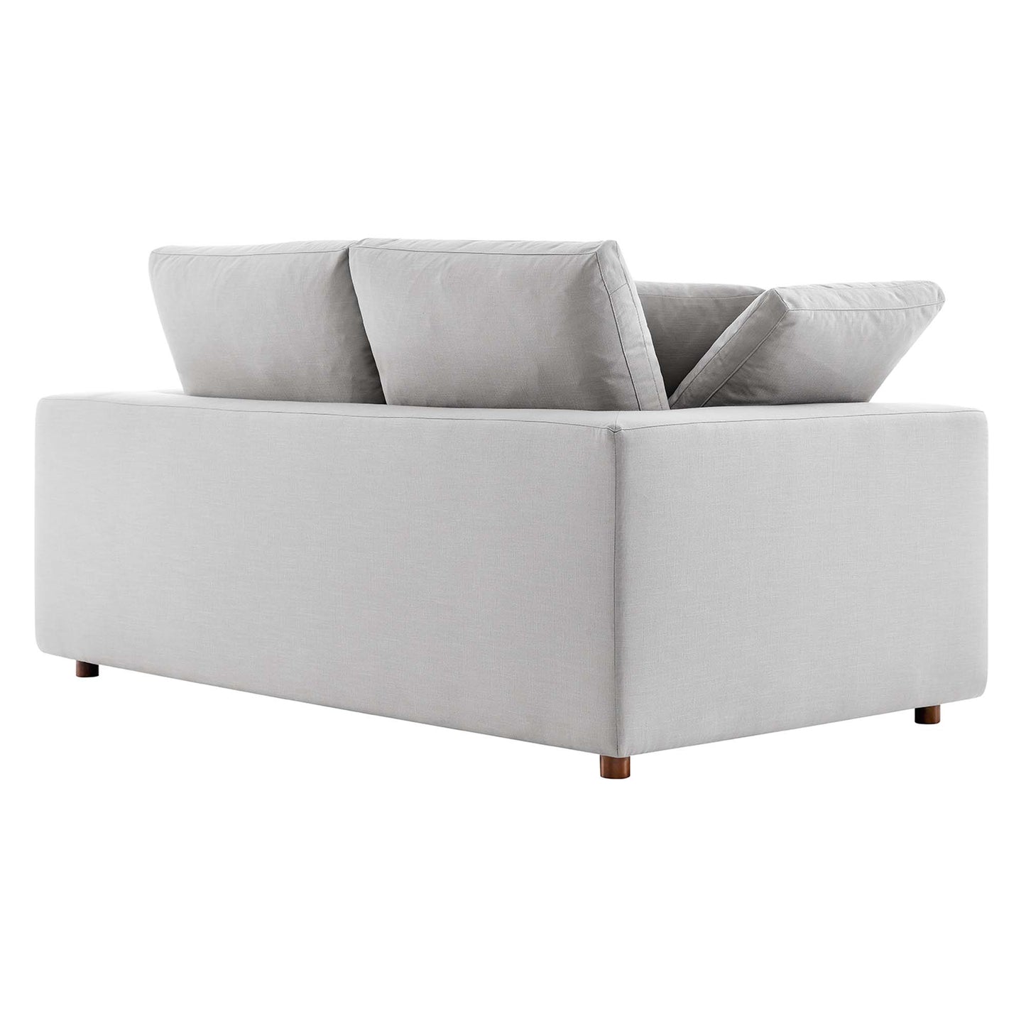 Light gray fabric loveseat with boxy arms, two back cushions and short wooden legs.