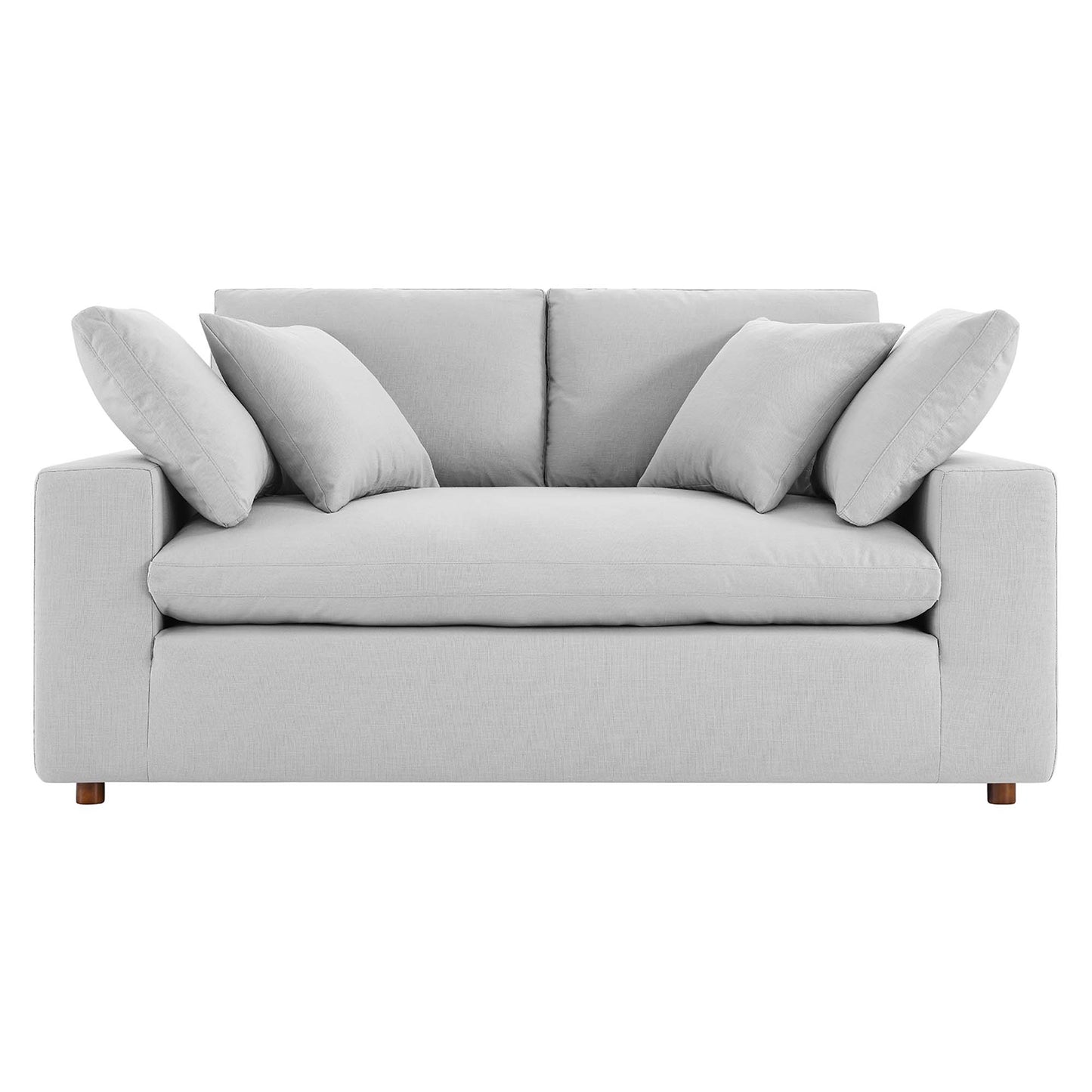 Light gray fabric loveseat with wide squared arms, two back cushions, several decorative pillows & wooden legs.