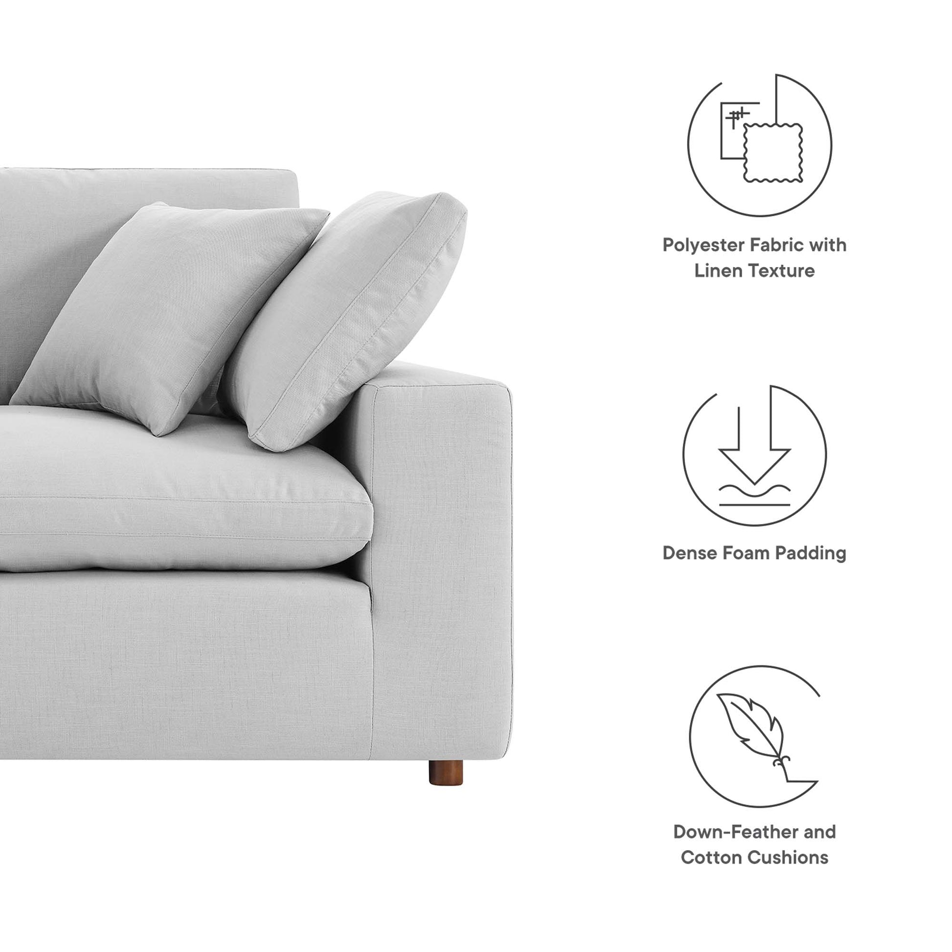 Light gray loveseat with cushions; linen-textured polyester fabric, dense foam padding, and down-filled cushions.