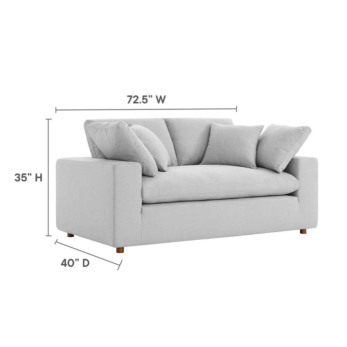 Light gray fabric loveseat with square arms, multiple back cushions and decorative pillows; modern seating with wooden legs.