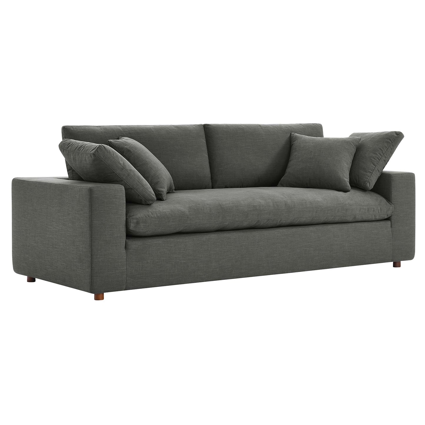 Gray fabric 3-seat sofa with plush cushions, matching throw pillows, square arms, and wooden legs.
