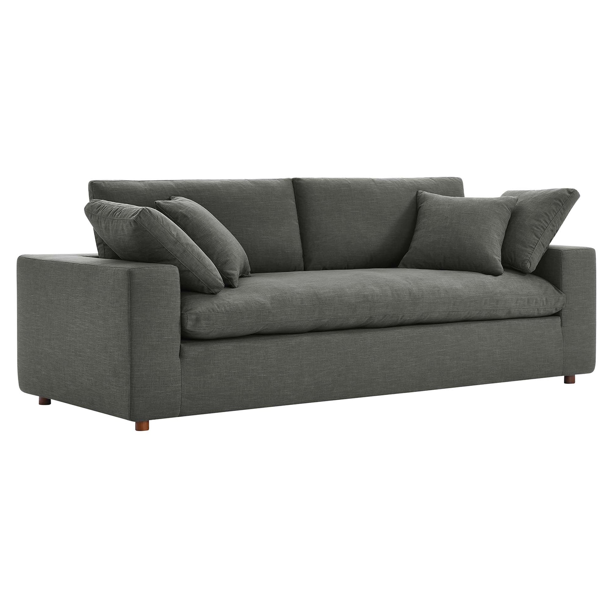 Gray fabric 3-seat sofa with plush cushions, matching throw pillows, square arms, and wooden legs.