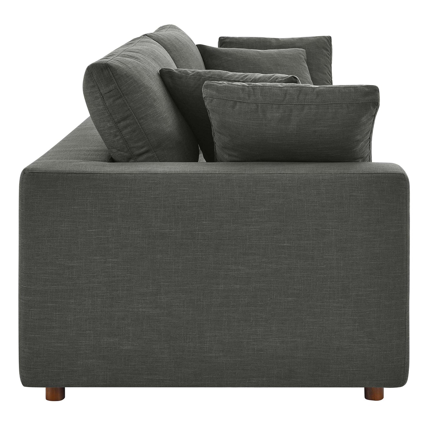 Gray textured fabric sofa with square back cushions, low arms, and short wooden legs.