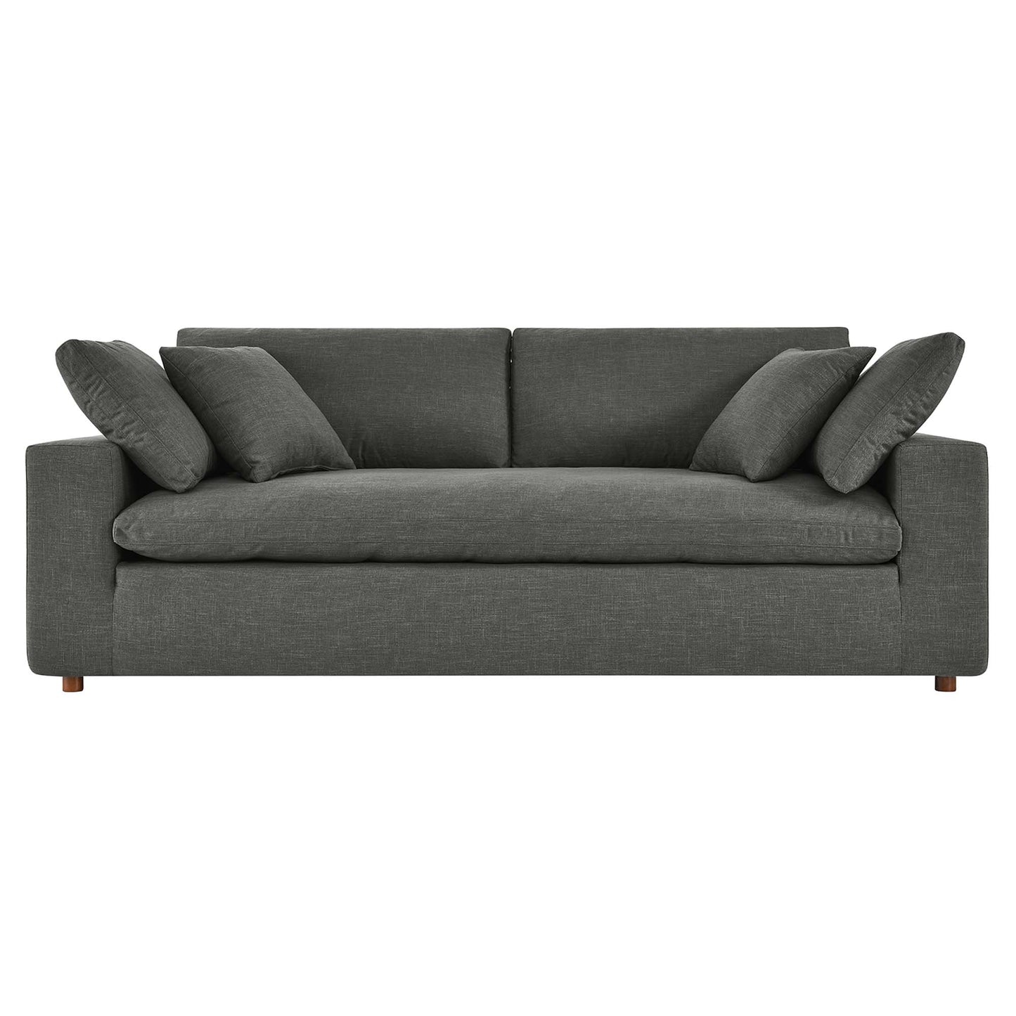 Charcoal gray fabric 3-seat sofa with plush cushions, square arms, six throw pillows and short wooden legs.