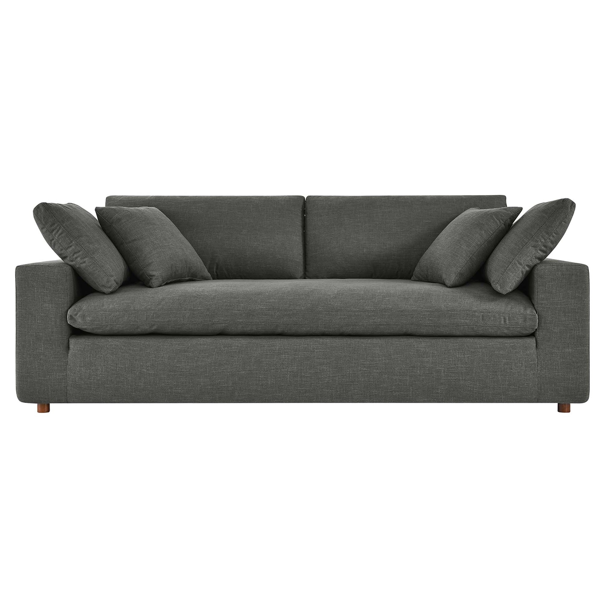 Charcoal gray fabric 3-seat sofa with plush cushions, square arms, six throw pillows and short wooden legs.