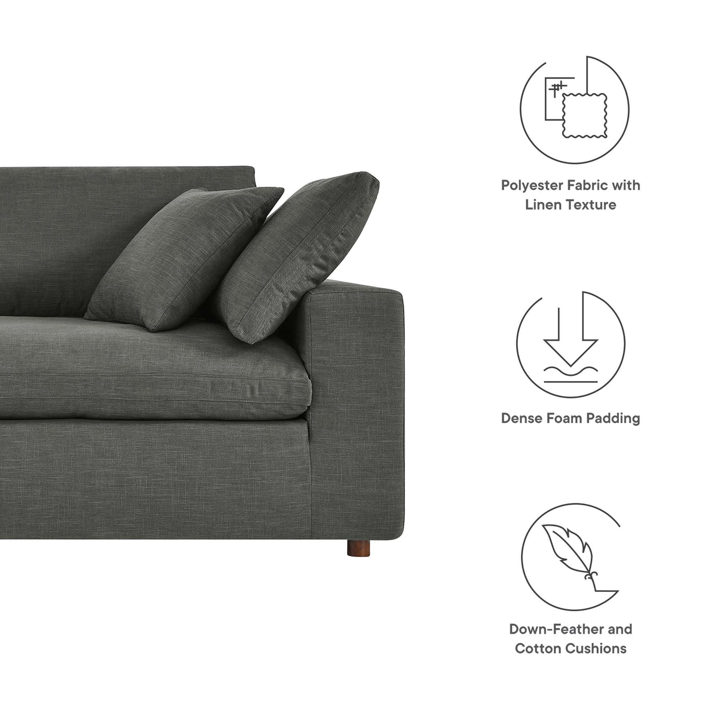 Charcoal gray sofa with linen-textured polyester fabric, dense foam padding and down-feather cotton cushions.