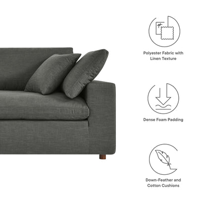 Charcoal gray sofa with linen-textured polyester fabric, dense foam padding and down-feather cotton cushions.