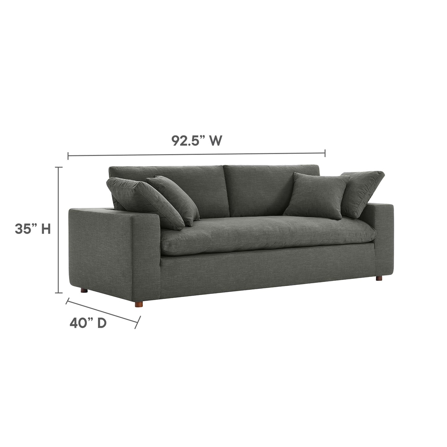 Gray fabric sofa with square arms, cushions and wooden feet; modern style, 92.5"W x 35"H x 40"D.