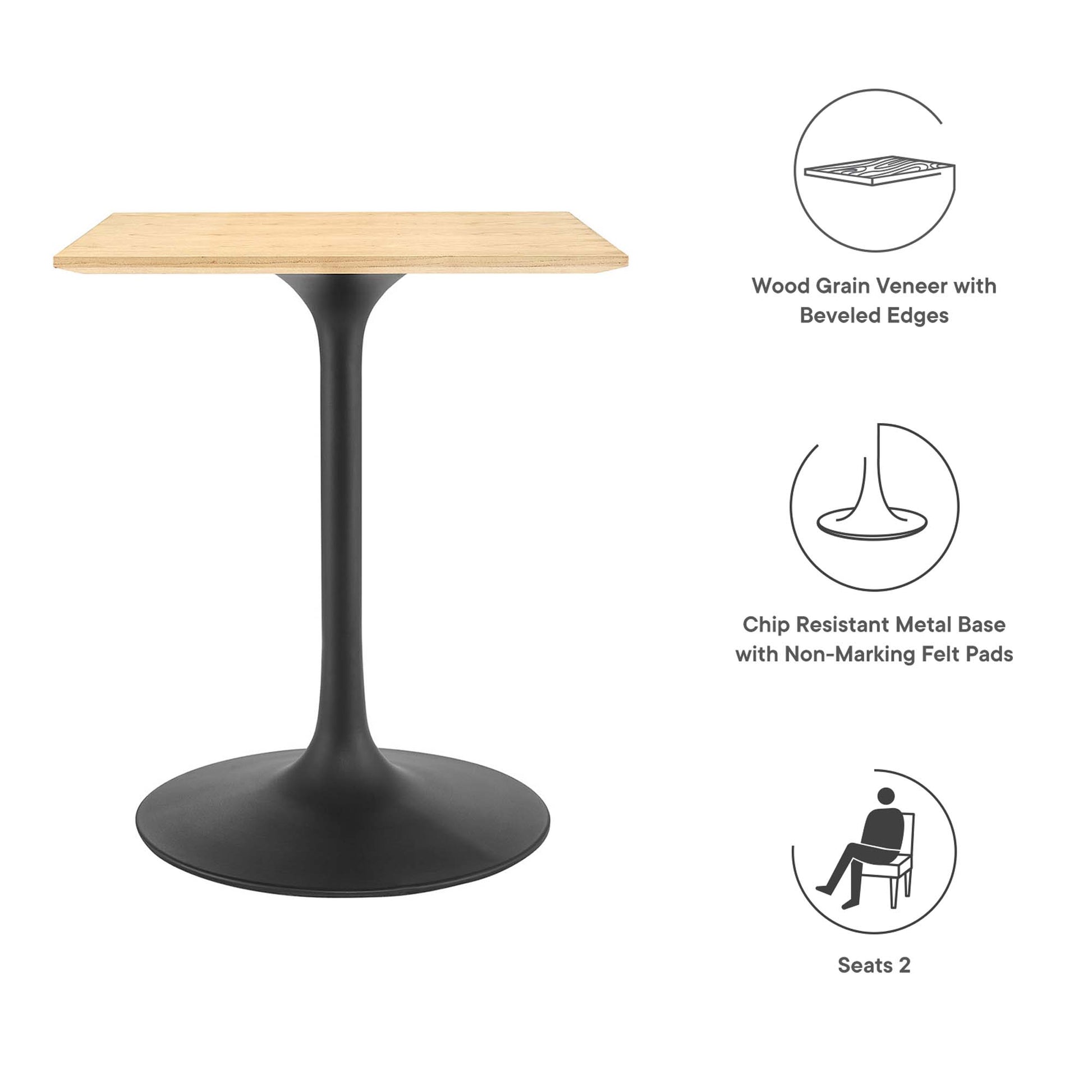 Square wood-grain veneer tabletop with beveled edges on a black tulip pedestal base; two-seat dining table