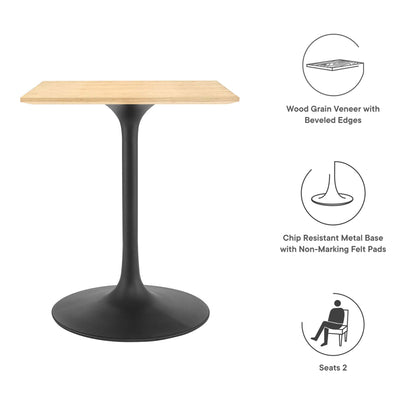 Square wood-grain veneer tabletop with beveled edges on a black tulip pedestal base; two-seat dining table