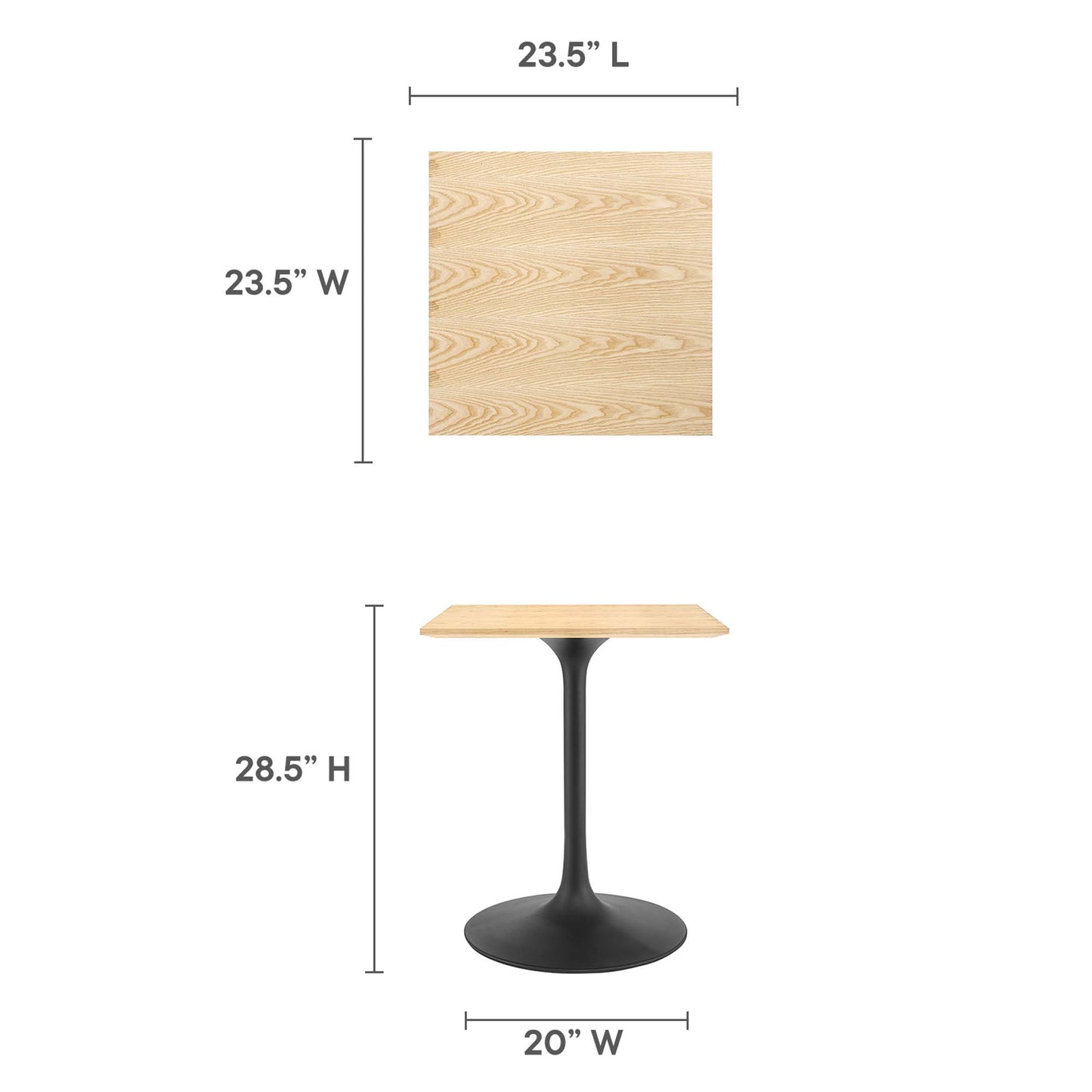 Natural wood square tabletop (23.5") on black curved pedestal base; 20" wide, 28.5" tall.