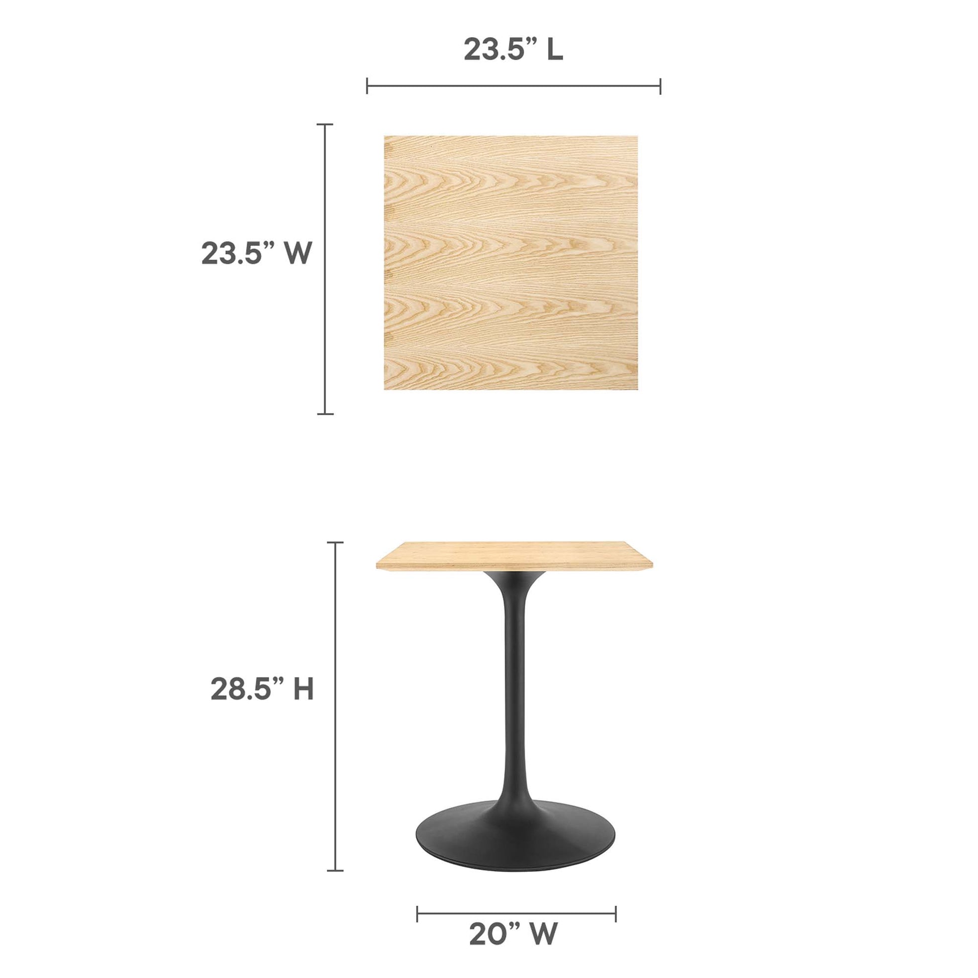 Natural wood square tabletop (23.5") on black curved pedestal base; 20" wide, 28.5" tall.
