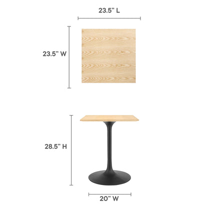 Natural wood square tabletop (23.5") on black curved pedestal base; 20" wide, 28.5" tall.