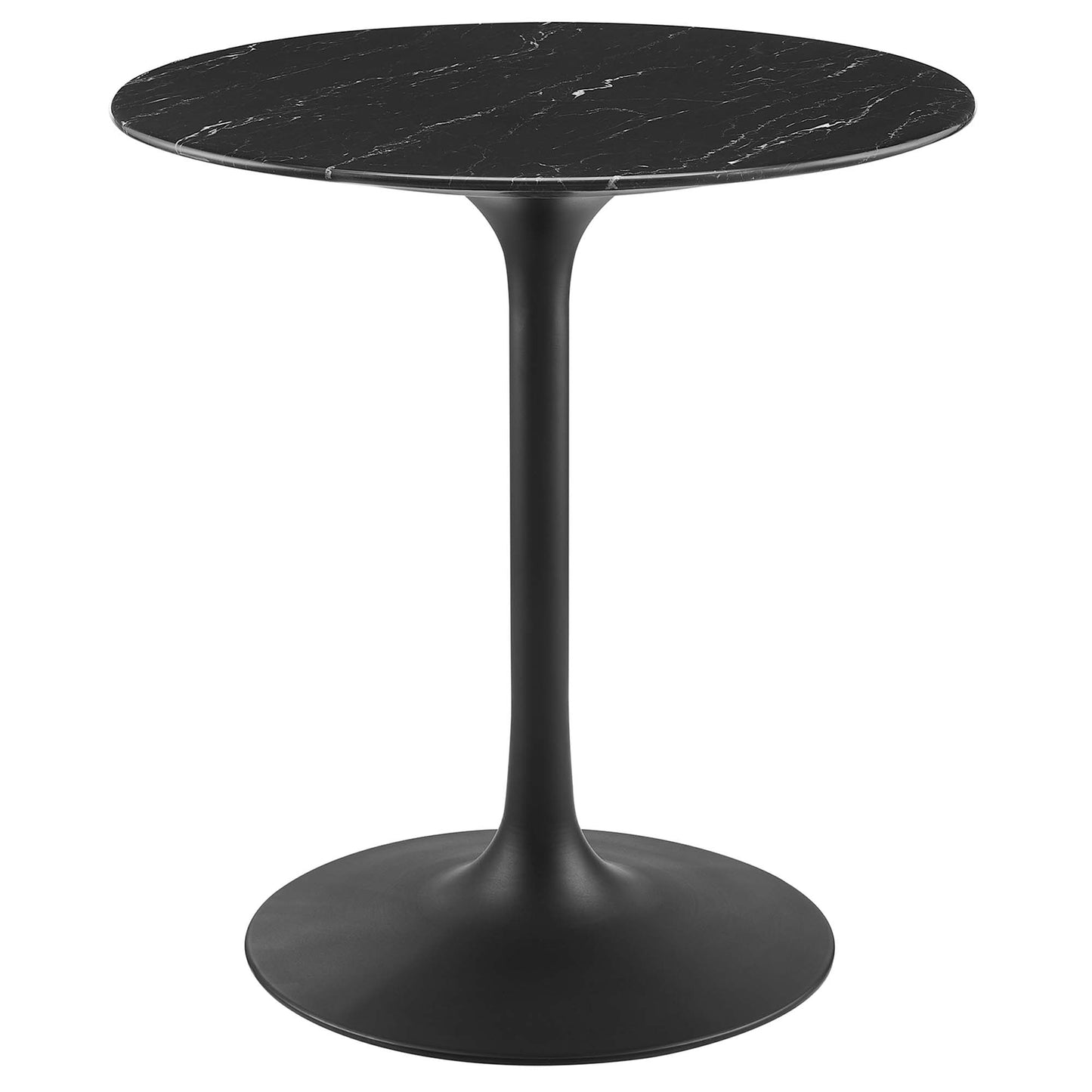 Round black veined faux marble top dining table on a slim black pedestal base; modern minimalist design.
