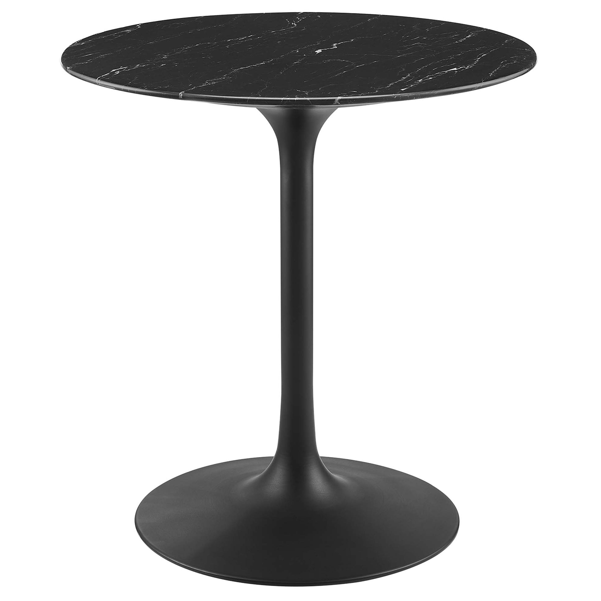Round black veined faux marble top dining table on a slim black pedestal base; modern minimalist design.