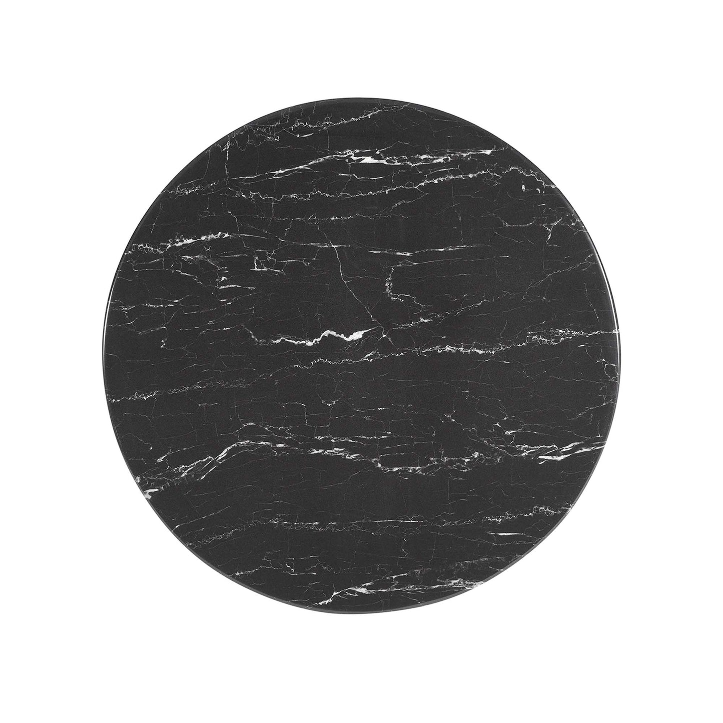 Round black faux-marble dining table with white veining.