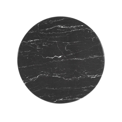 Round black faux-marble dining table with white veining.