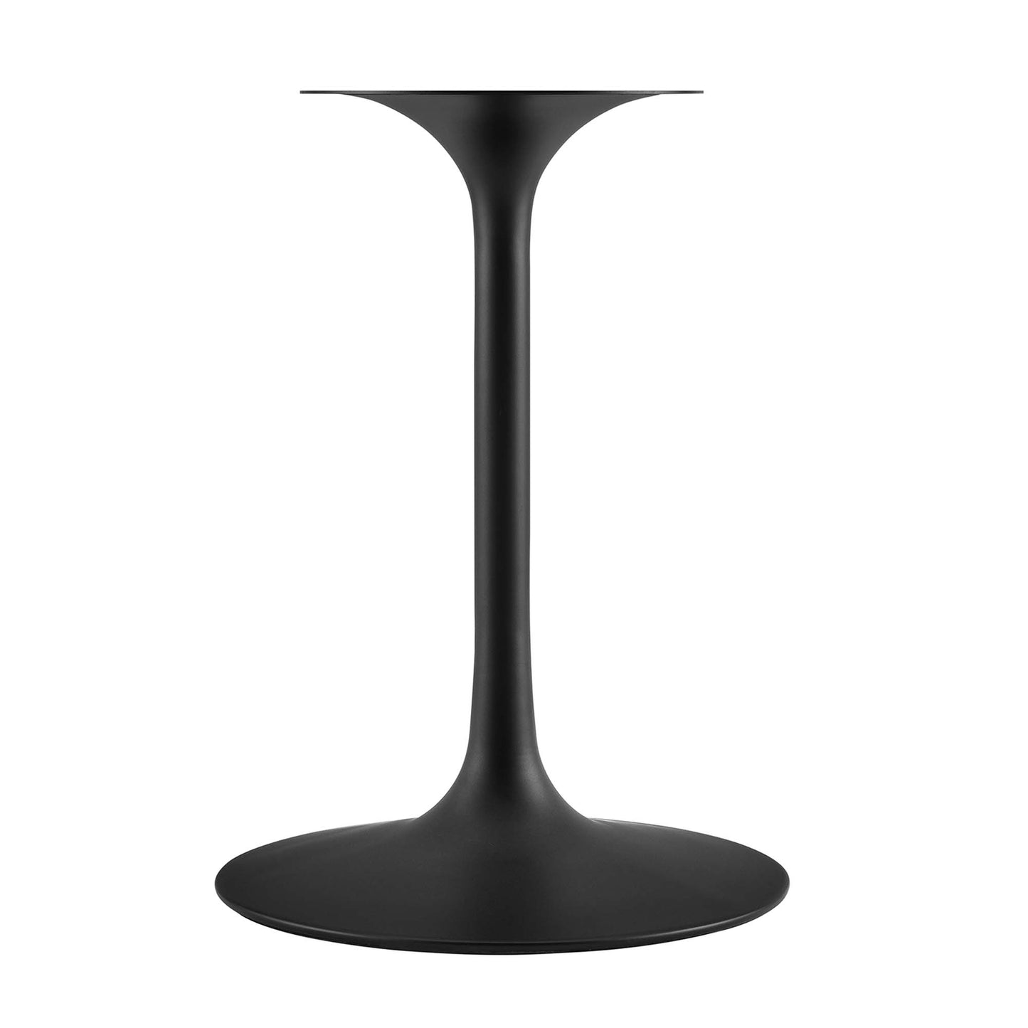 Round faux marble dining table with a black metal pedestal base featuring a slender stem and a wide circular foot.