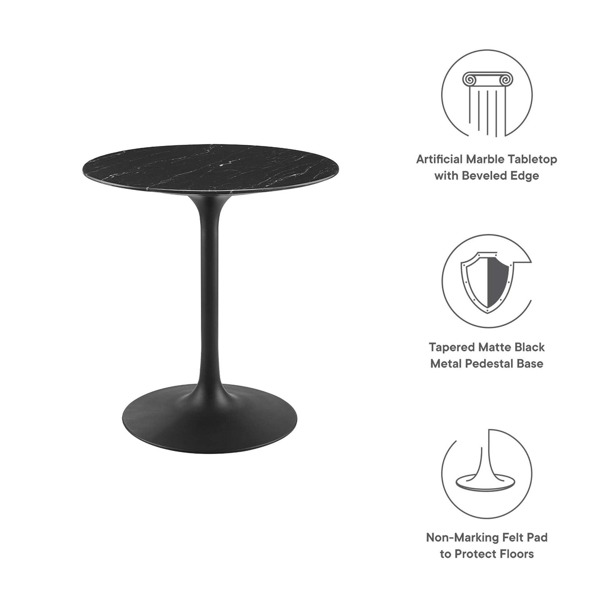 Round black marble-like tabletop with beveled edge on a tapered matte-black pedestal base; non-marking felt pad.
