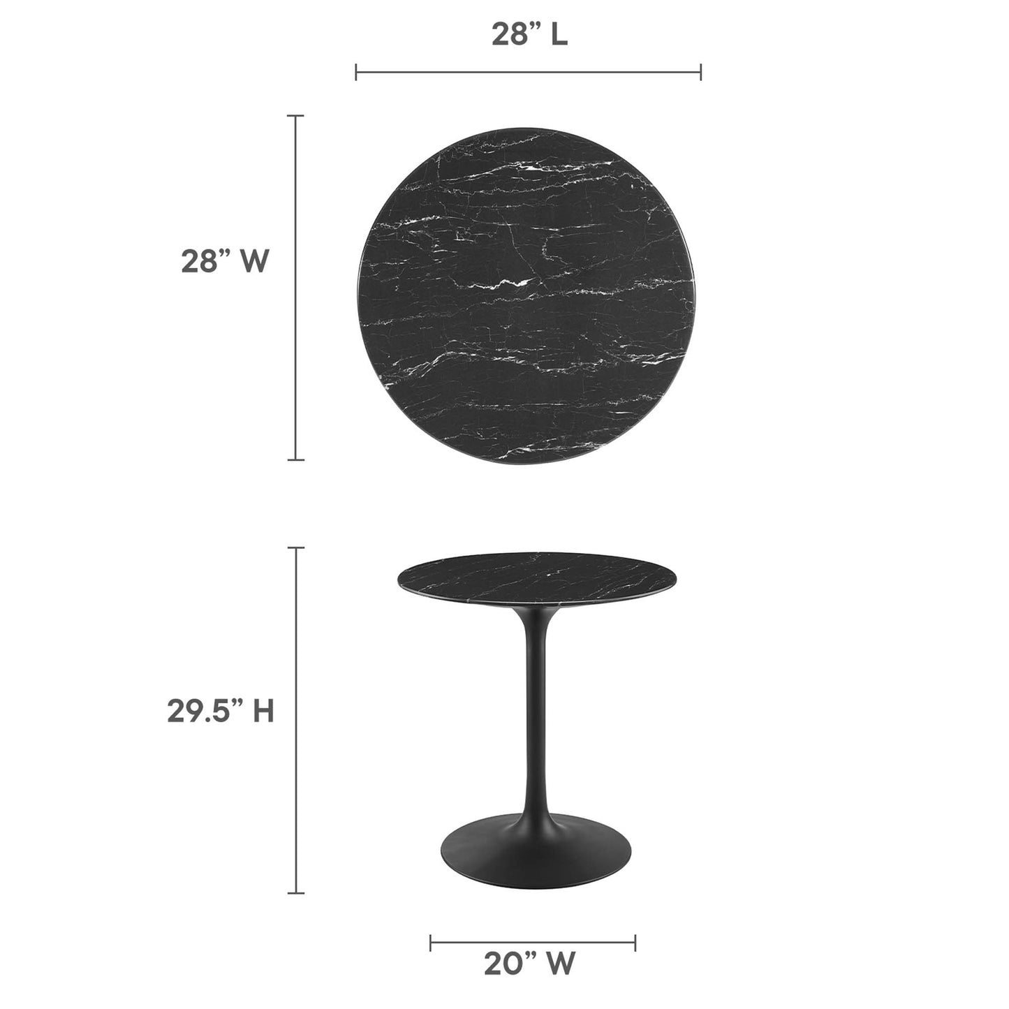 Black faux marble round dining table on a slender pedestal stem with a round base; 28" dia top, 29.5" tall.