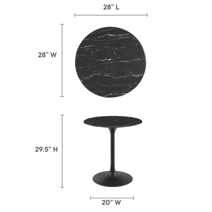 Black faux marble round dining table on a slender pedestal stem with a round base; 28" dia top, 29.5" tall.