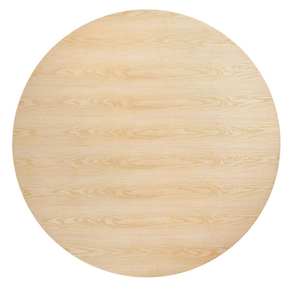 60-inch round natural oak wood dining table with light grain and smooth finish