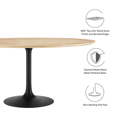 Round natural wood-grain MDF top with beveled edge on a matte black tapered pedestal base and non-marking felt pad.
