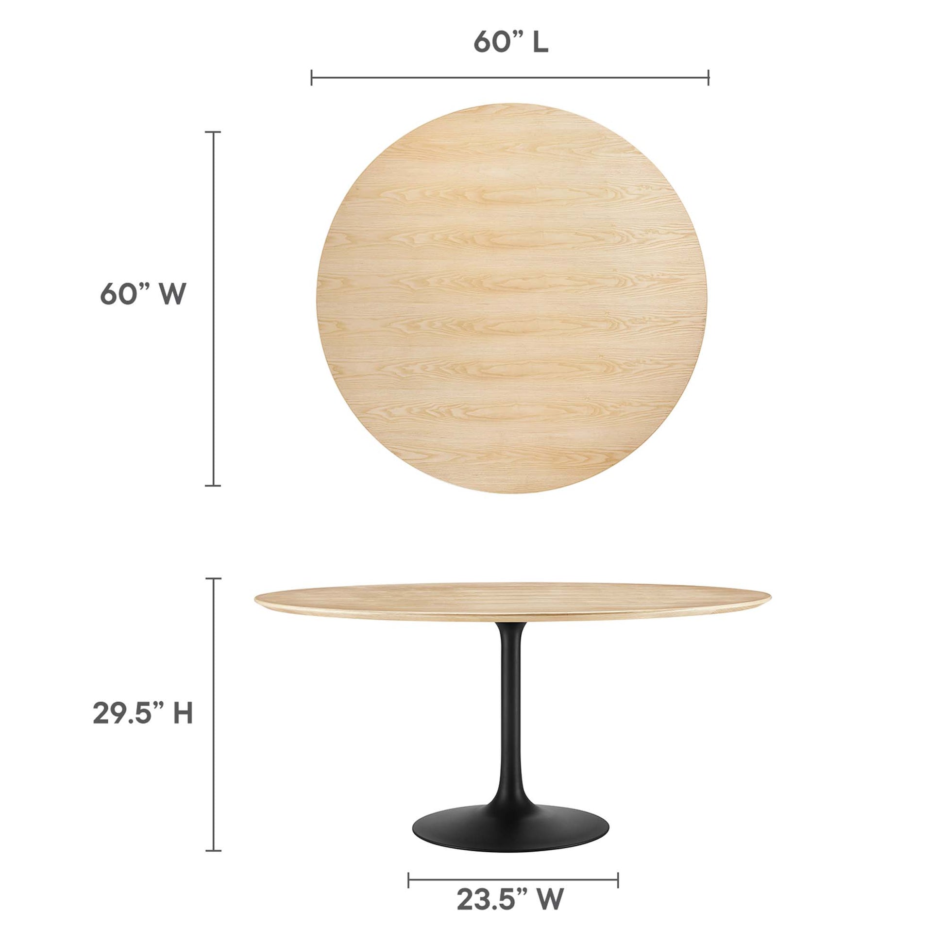 60-inch round natural wood dining table on a black pedestal base, 29.5" high, 23.5" base width.