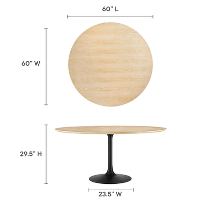 60-inch round natural wood dining table on a black pedestal base, 29.5" high, 23.5" base width.