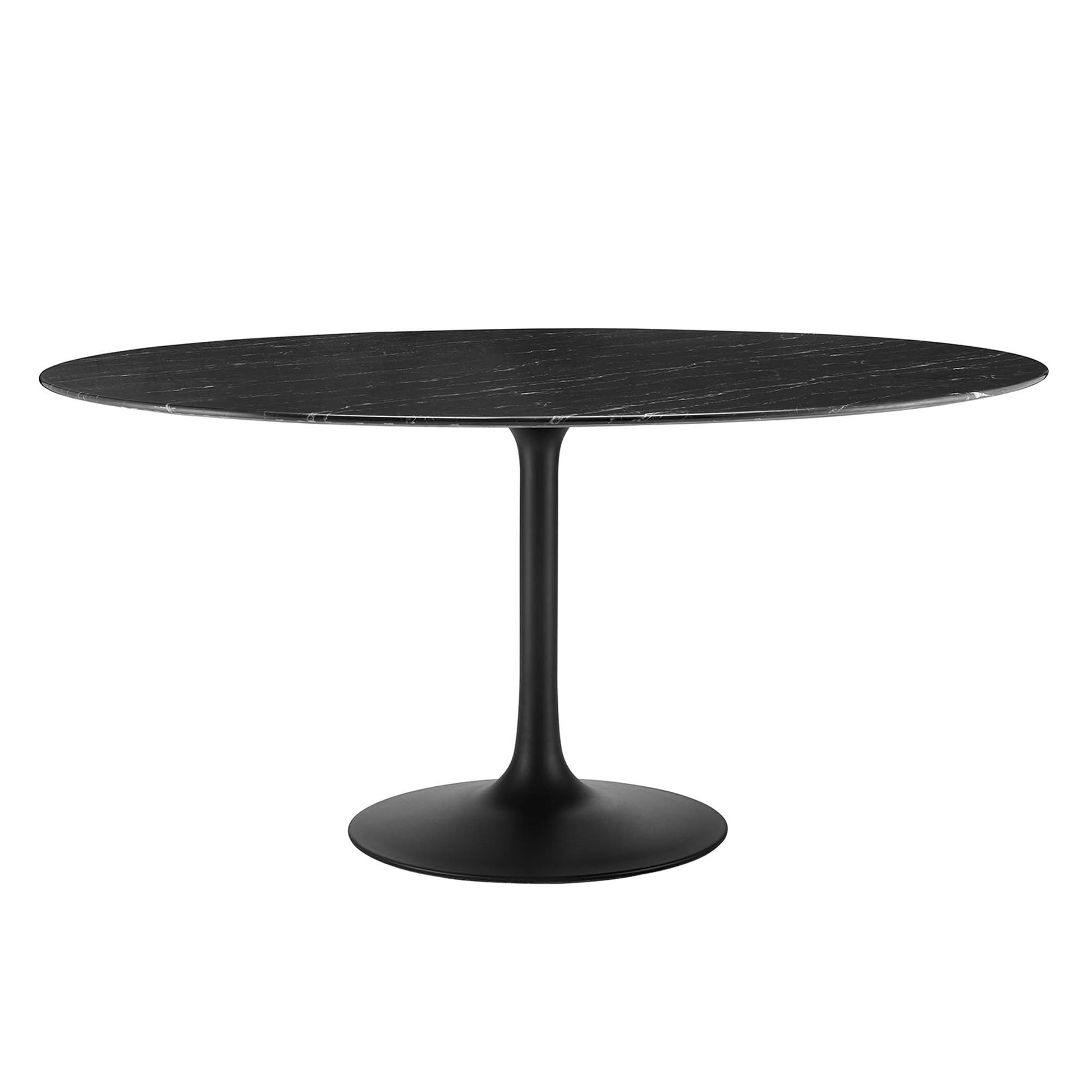 Round black faux marble-top dining table on a single pedestal stem with a circular base, modern minimalist design.