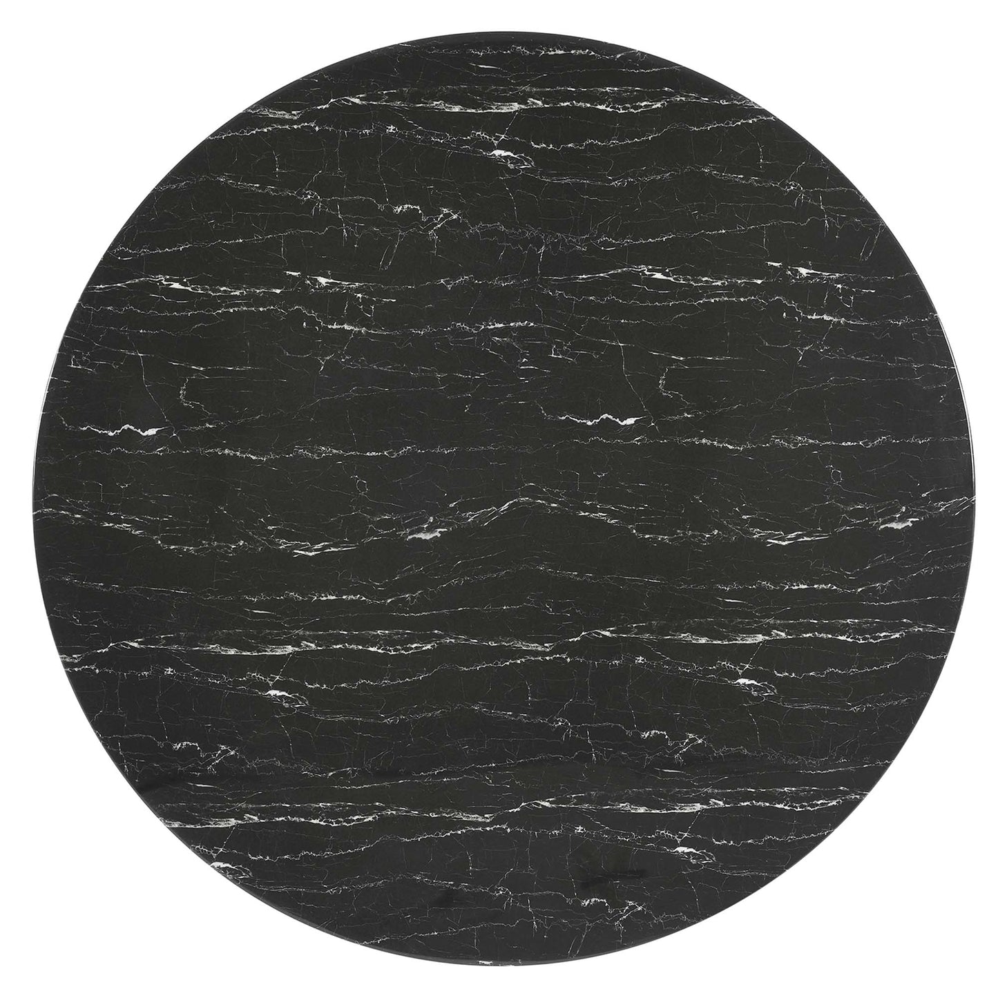 60-inch round faux marble dining table with black finish and white veining.