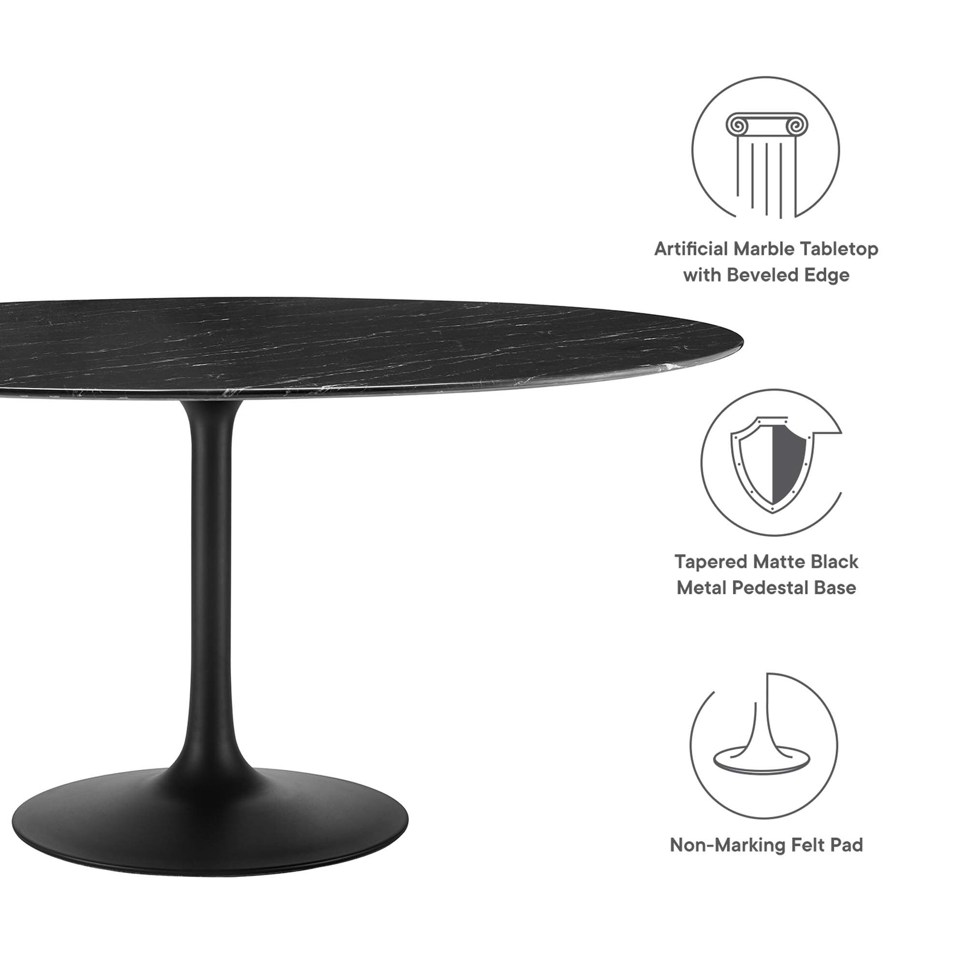 Round black artificial marble tabletop with beveled edge on a tapered matte black pedestal base; non-marking felt pad.