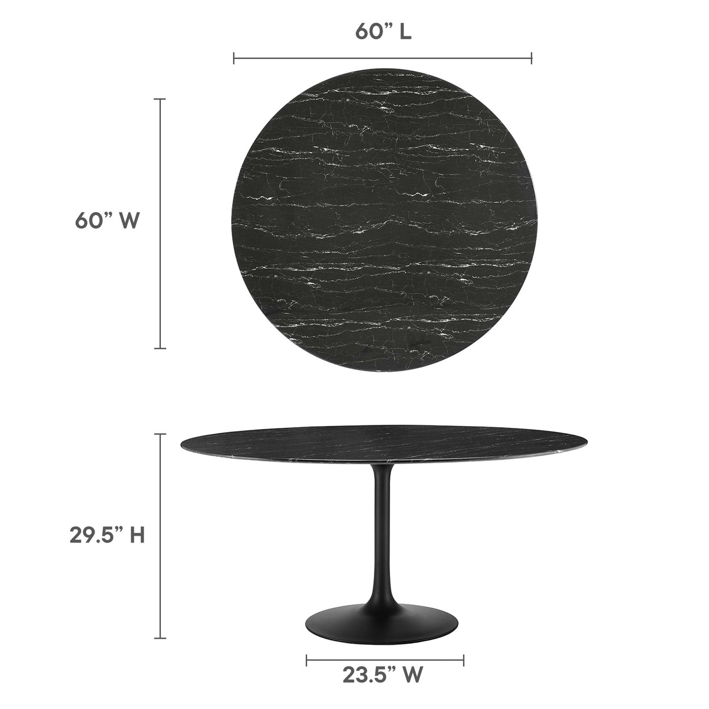 60-inch round black faux marble top with white veining on a slim black pedestal base; modern dining table.