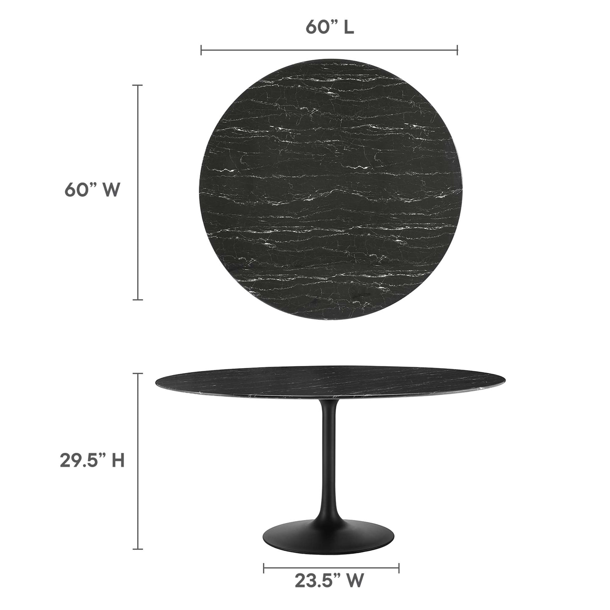 60-inch round black faux marble top with white veining on a slim black pedestal base; modern dining table.
