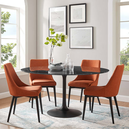 60-inch round faux marble pedestal dining table with four burnt-orange upholstered chairs in a bright room with greenery.