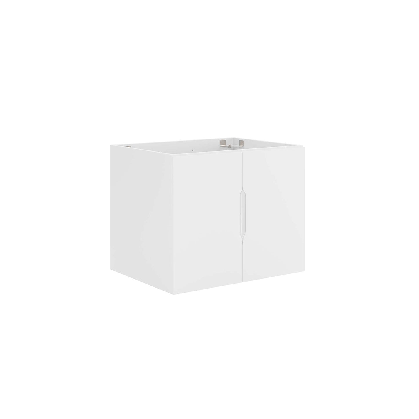 White bathroom vanity cabinet with two front doors and a vertical center handle; top opens to reveal interior storage.