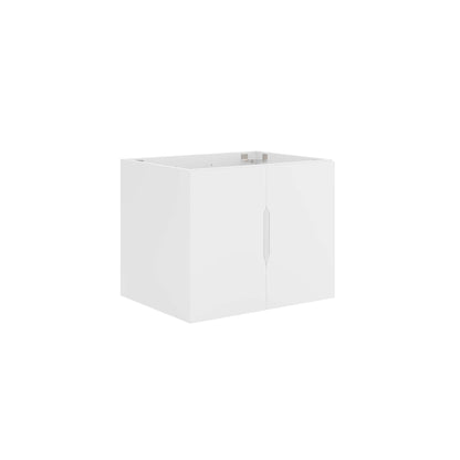 White bathroom vanity cabinet with two front doors and a vertical center handle; top opens to reveal interior storage.