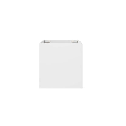 White bathroom vanity cabinet panel with two small silver mounting clips at the top edge.