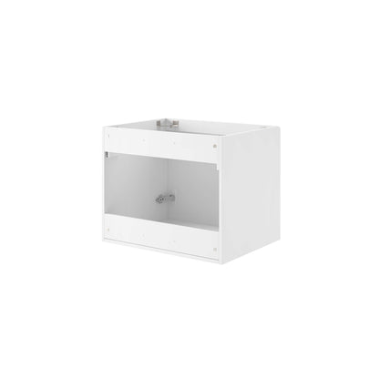 White rectangular bathroom vanity cabinet with open front for storage; suitable for bathroom use.