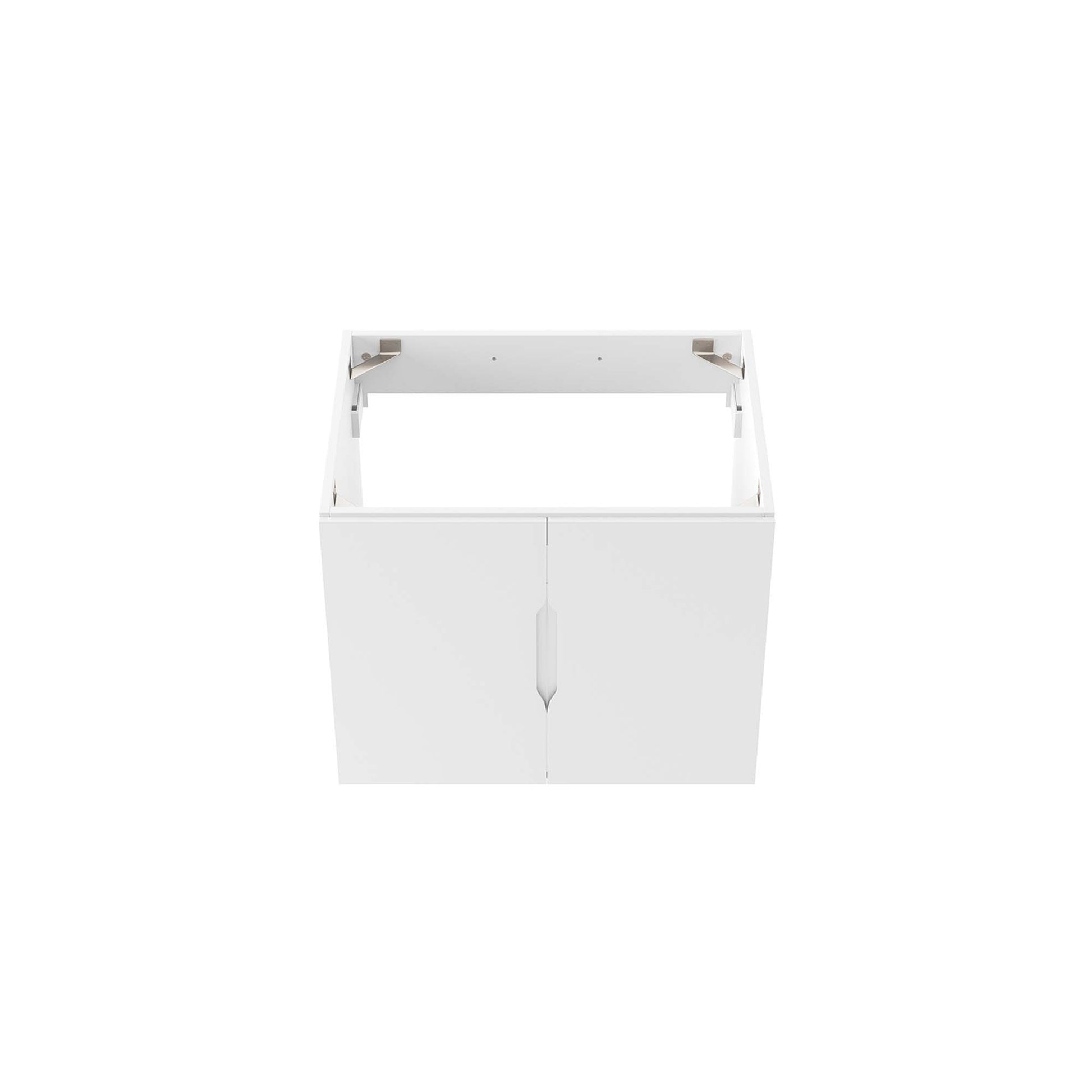 White double-door bathroom vanity cabinet with an open top frame for sink installation.
