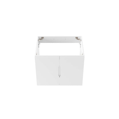 White double-door bathroom vanity cabinet with an open top frame for sink installation.