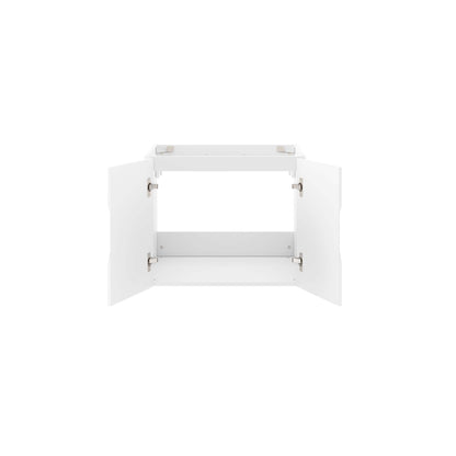 White bathroom vanity cabinet with two outward-opening doors, interior shelf, modern minimalist storage.