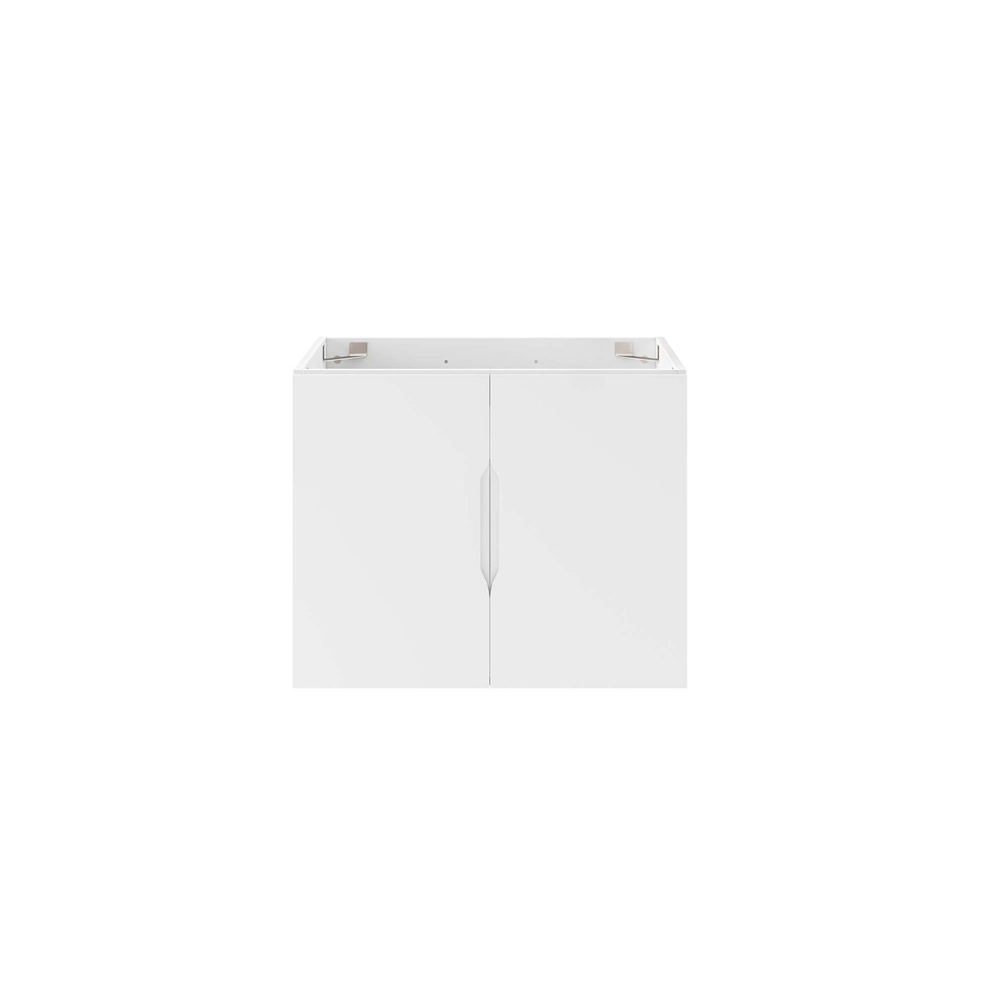 White bathroom vanity cabinet with two flat-panel doors, minimalist modern style and central seam, for sink storage.