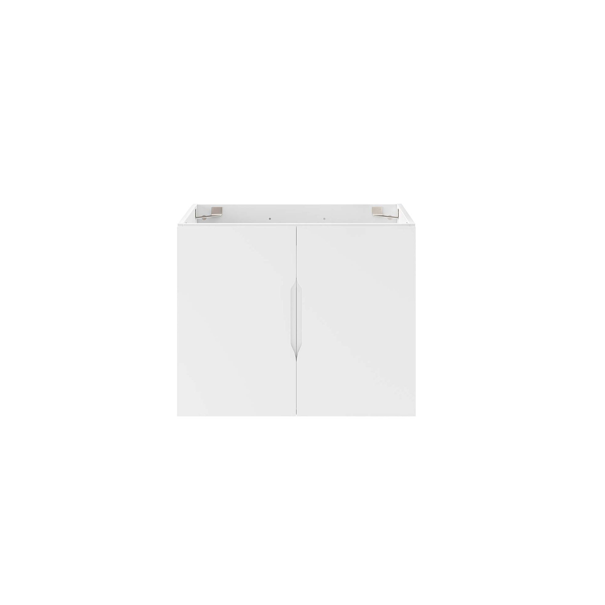 White bathroom vanity cabinet with two flat-panel doors, minimalist modern style and central seam, for sink storage.
