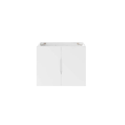 White bathroom vanity cabinet with two flat-panel doors, minimalist modern style and central seam, for sink storage.